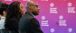 Tashara M. Leak (left), associate professor of nutrition in Cornell Human Ecology, and Neil Lewis, Jr. ’13 (right), associate professor of communication in the College of Agriculture and Life Sciences, listen during the 2023 ARC Symposium in New York City.